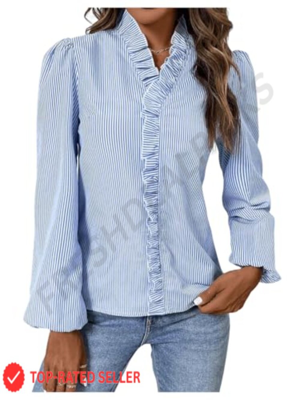 Striped V-Neck Ruffle Long Sleeve Blouse Polyester Work Shirt